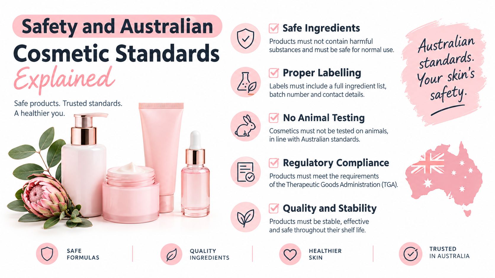 Lash Tint for Dark Lashes: What Actually Changes 12 An infographic detailing Australian cosmetic safety standards, including ingredient labeling, no animal testing, and regulatory compliance requirements.